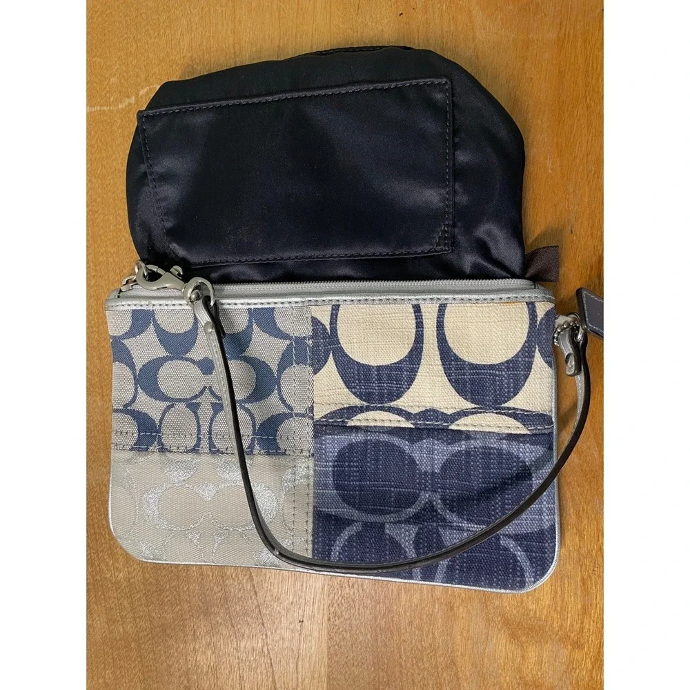Coach Large Wristlet Blue Patchwork Signature C Denim Silver Trim F47682